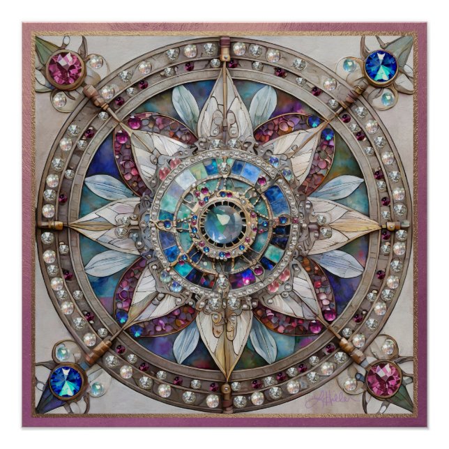 Pink and Blue Sapphires Diamonds Pearls Mandala Poster (Front)