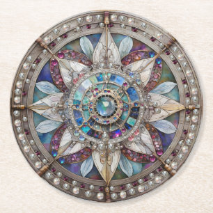 Pink and Blue Sapphires Diamonds Pearls Mandala Round Paper Coaster
