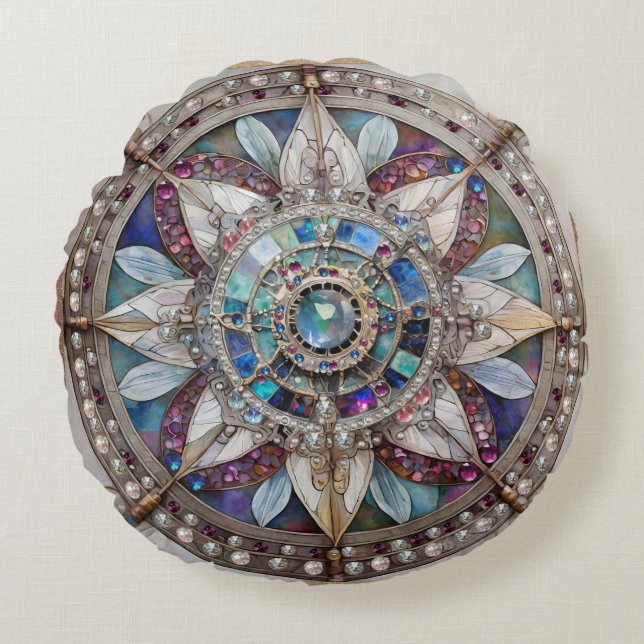 Pink and Blue Sapphires Diamonds Pearls Mandala Round Pillow (Front)