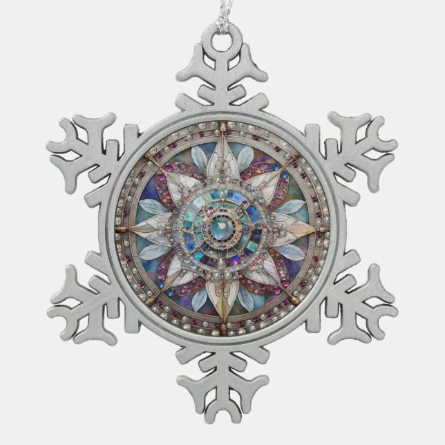 Pink and Blue Sapphires Diamonds Pearls Mandala Snowflake Pewter Christmas Ornament (Front)