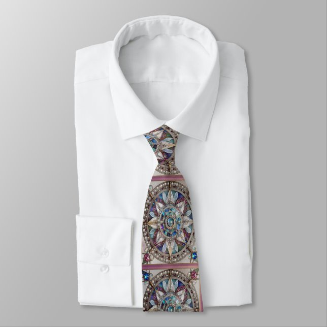 Pink and Blue Sapphires Diamonds Pearls Mandala Tie (Tied)