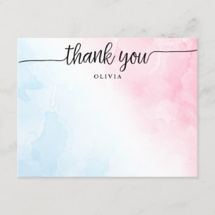 Pink and Blue Script Thank You Flat Note Card