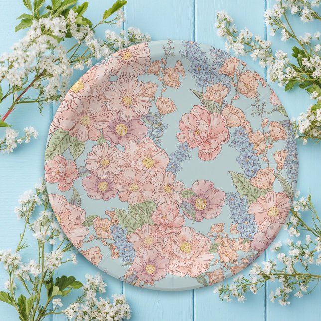 Pink and blue shabby chic florals paper plate (Creator Uploaded)