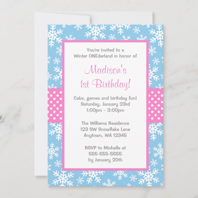 Pink and Blue Snowflakes Winter Onederland Invitation (Front)