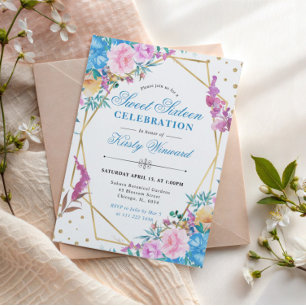 Pink and Blue Spring Flowers Frame Sweet 16 Invitation