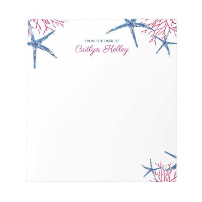 Pink and Blue Starfish & Coral Personalized Notepad (Front)
