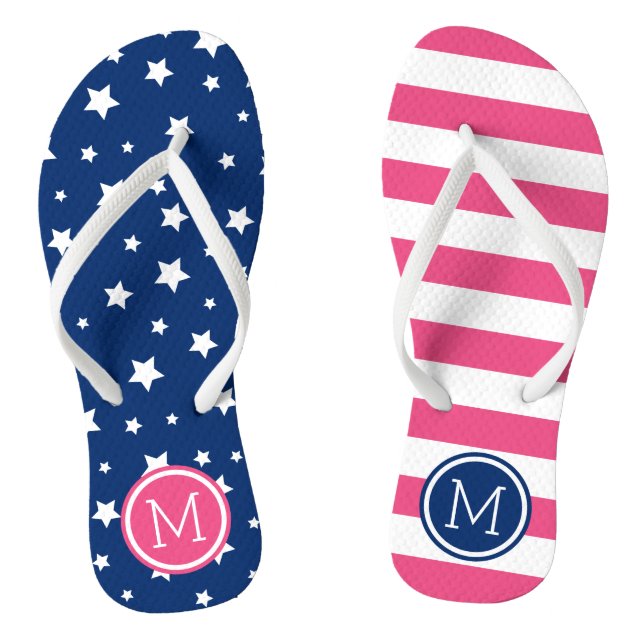 Pink and Blue Stars and Stripes Monogram Flip Flops (Footbed)