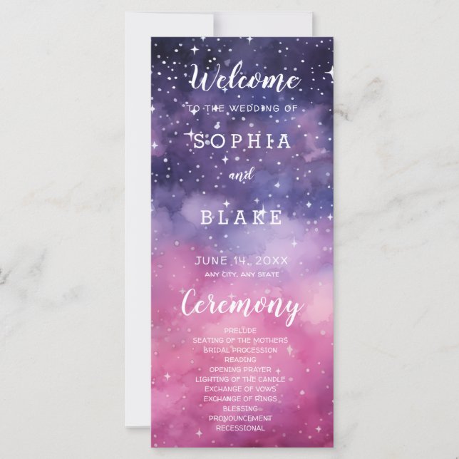 Pink and Blue Stars Celestial Wedding Program (Front)