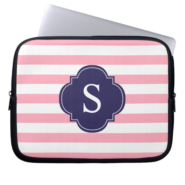 Pink and Blue Stripes Monogram Laptop Sleeve (Front)
