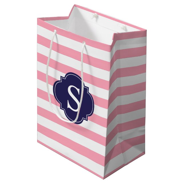 Pink and Blue Stripes Pattern and Monogram Medium Gift Bag (Front Angled)