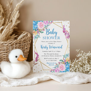 Pink and Blue Summer Flowers Frame Baby Shower Invitation