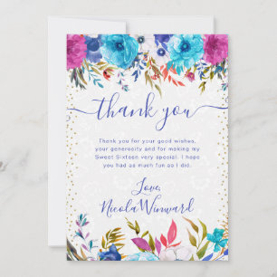 Pink and Blue Summer Flowers Sweet 16 Thank You Card