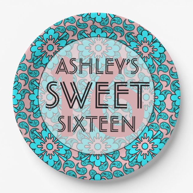 Pink And Blue Sweet 16 Birthday Party Plates (Front)