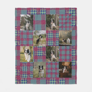 Pink and Blue Teal Plaid 8 Photo Collage Fleece Blanket