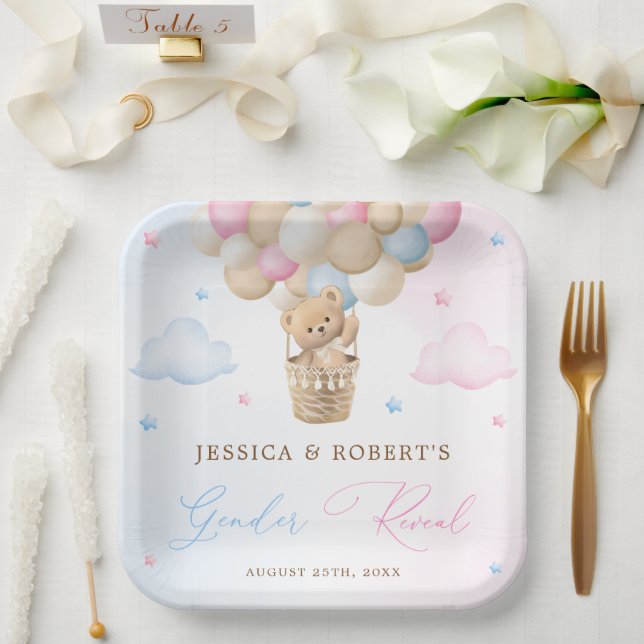 Pink and Blue Teddy Bear Gender Reveal Paper Plate (Wedding)