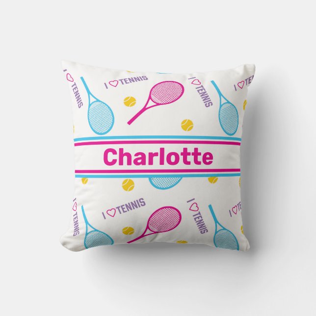 Pink and blue tennis rackets with custom name throw pillow (Front)