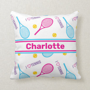 Pink and blue tennis rackets with custom name throw pillow