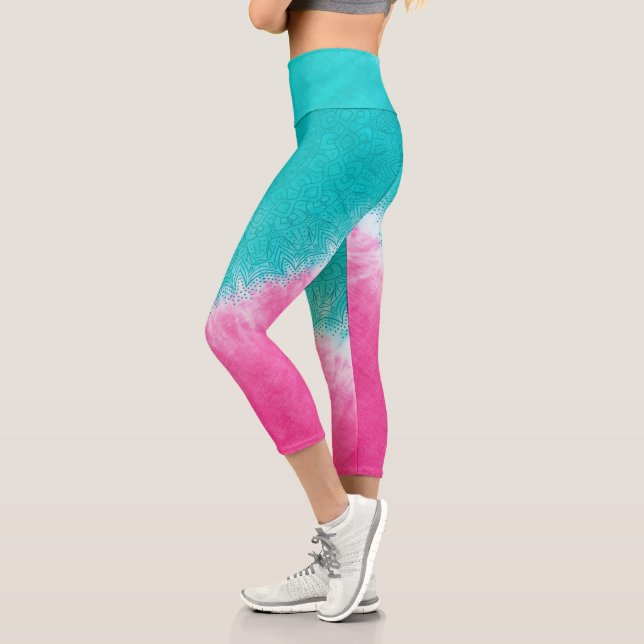 Pink and Blue Tie dye with Mandala Sway in Style Capri Leggings (Left)