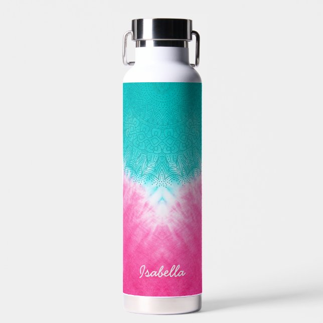 Pink and Blue Tie dye with Mandala Sway in Style Water Bottle (Front)