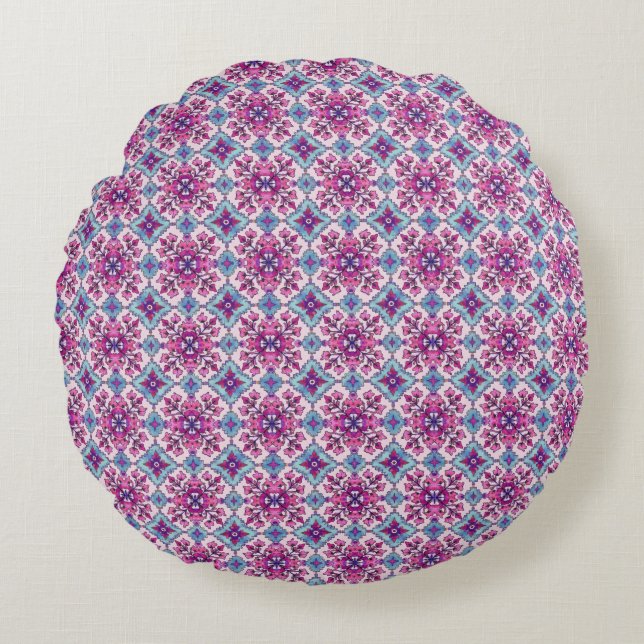 Pink and Blue Tile Design Round Pillow (Front)