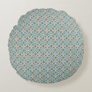 Pink and Blue Tile Round Pillow