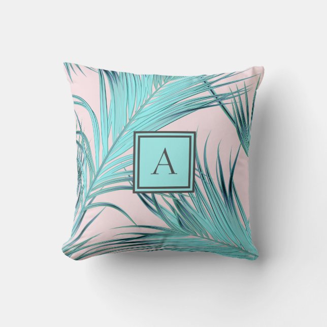 Pink and Blue Tropical Coastal Palms with Monogram Throw Pillow (Front)