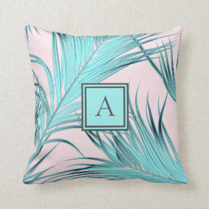 Pink and Blue Tropical Coastal Palms with Monogram Throw Pillow