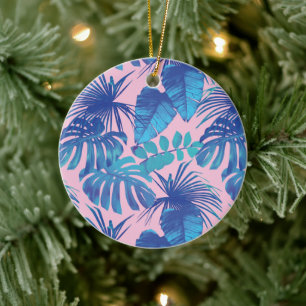 Pink and blue Tropical Foliage personalized Ceramic Ornament