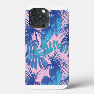 Pink and blue Tropical Foliage personalized iPhone 13 Pro Case