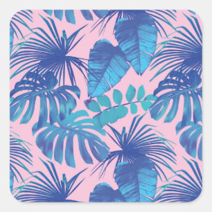 Pink and blue Tropical Foliage personalized Square Sticker