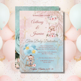 Pink and Blue Twin Teddy Bears on Swing with Photo Invitation