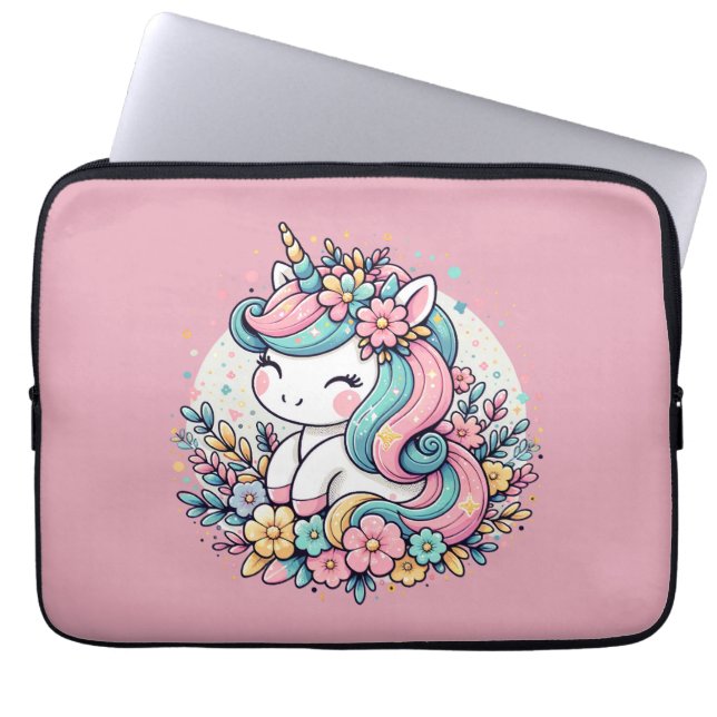 Pink and Blue Unicorn and Flowers  Laptop Sleeve (Front)
