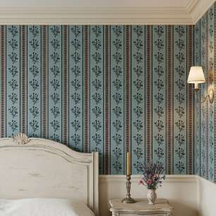 Pink And Blue Vintage Floral Stripe Pattern Wallpaper