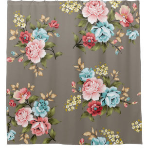 Pink and blue vintage flowers with green and cream