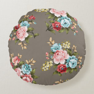 Pink and blue vintage flowers with green and cream round pillow