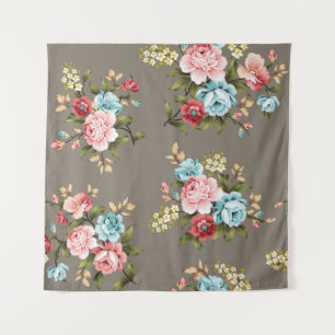 Pink and blue vintage flowers with green and cream tapestry