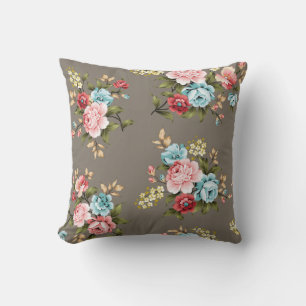Pink and blue vintage flowers with green and cream throw pillow