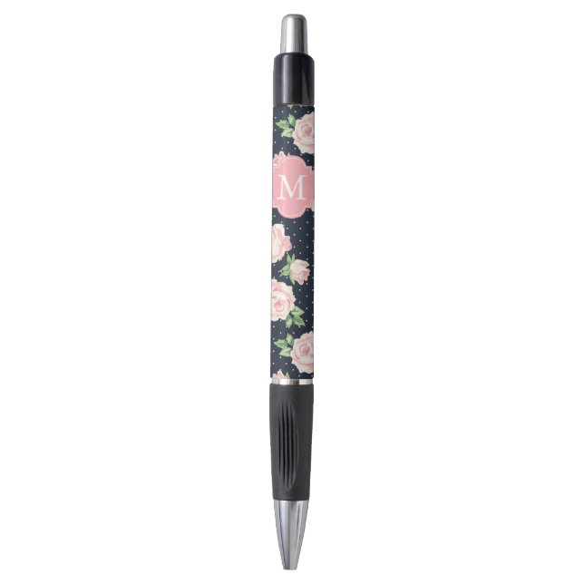 Pink and Blue Vintage Roses Pattern Monogrammed Pen (Front Vertical)