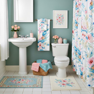 Pink and blue watercolor floral bath towel set