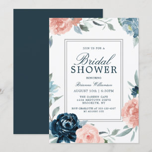 Pink and Blue Watercolor Floral Bridal Shower Invitation