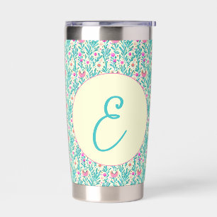 Pink and blue watercolor floral pattern monogram insulated tumbler