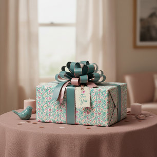 Pink and blue watercolor floral pattern wrapping paper