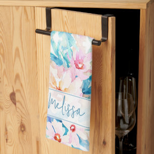 Pink and blue watercolor floral personalized kitchen towel