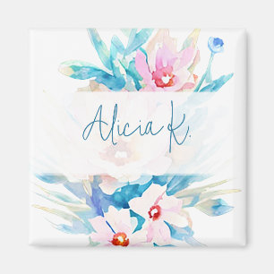 Pink and blue watercolor floral personalized magnet