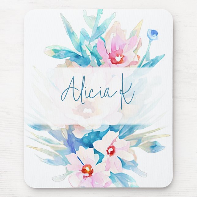 Pink and blue watercolor floral personalized mouse pad (Front)