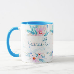Pink and blue watercolor floral personalized mug