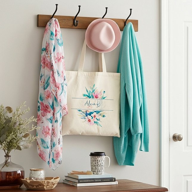 Pink and blue watercolor floral personalized tote bag (Creator Uploaded)