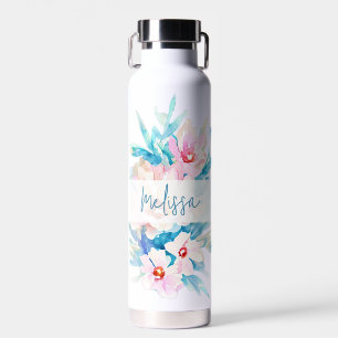 Pink and blue watercolor floral personalized water bottle
