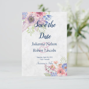 Pink and blue watercolor floral save the date invi invitation