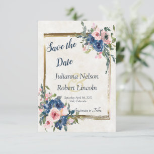 Pink and blue watercolor floral save the date invi invitation